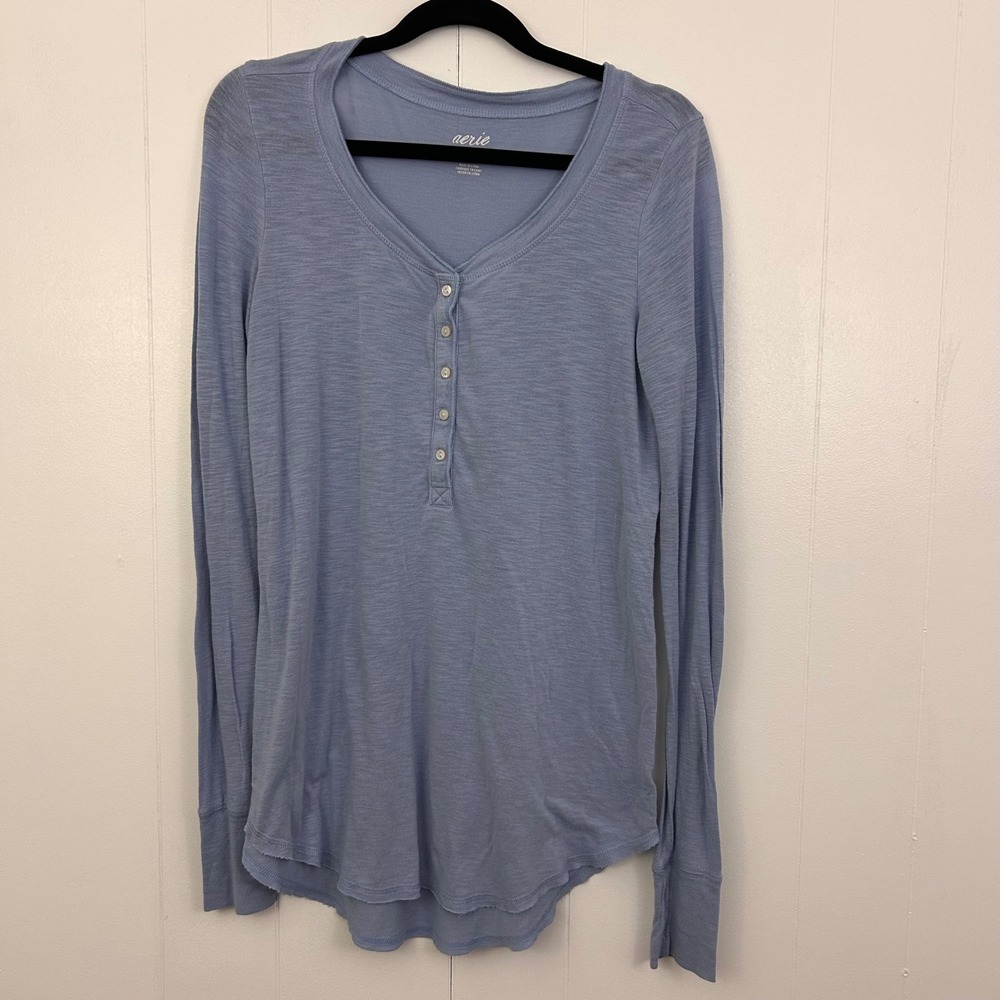 Aerie Women Blue Slub‎ Knit Henley Long Sleeve Thumbhole Top XS RN54485